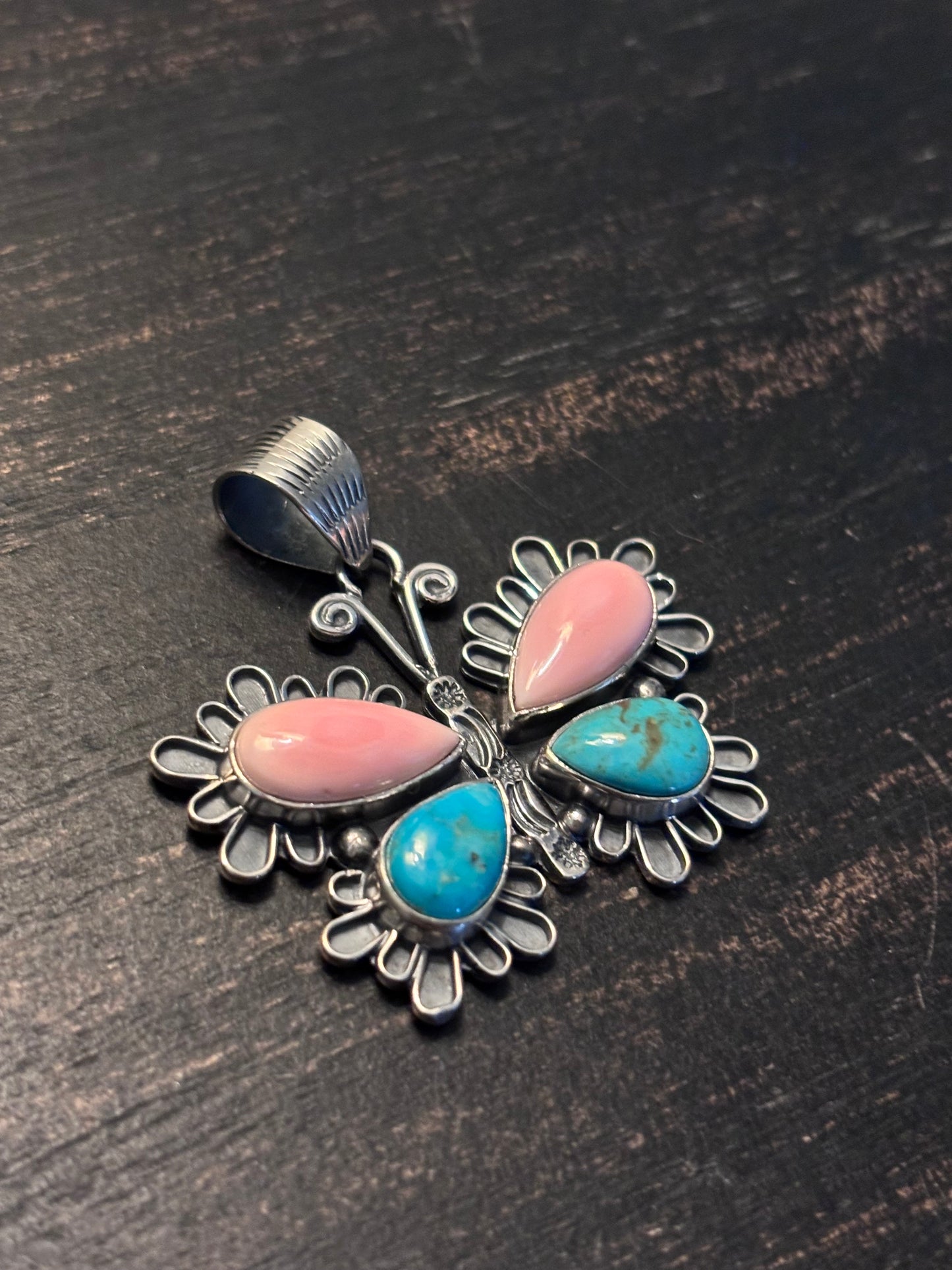 Pink Conch Turquoise Butterfly Pendant | 925 Sterling Silver A117