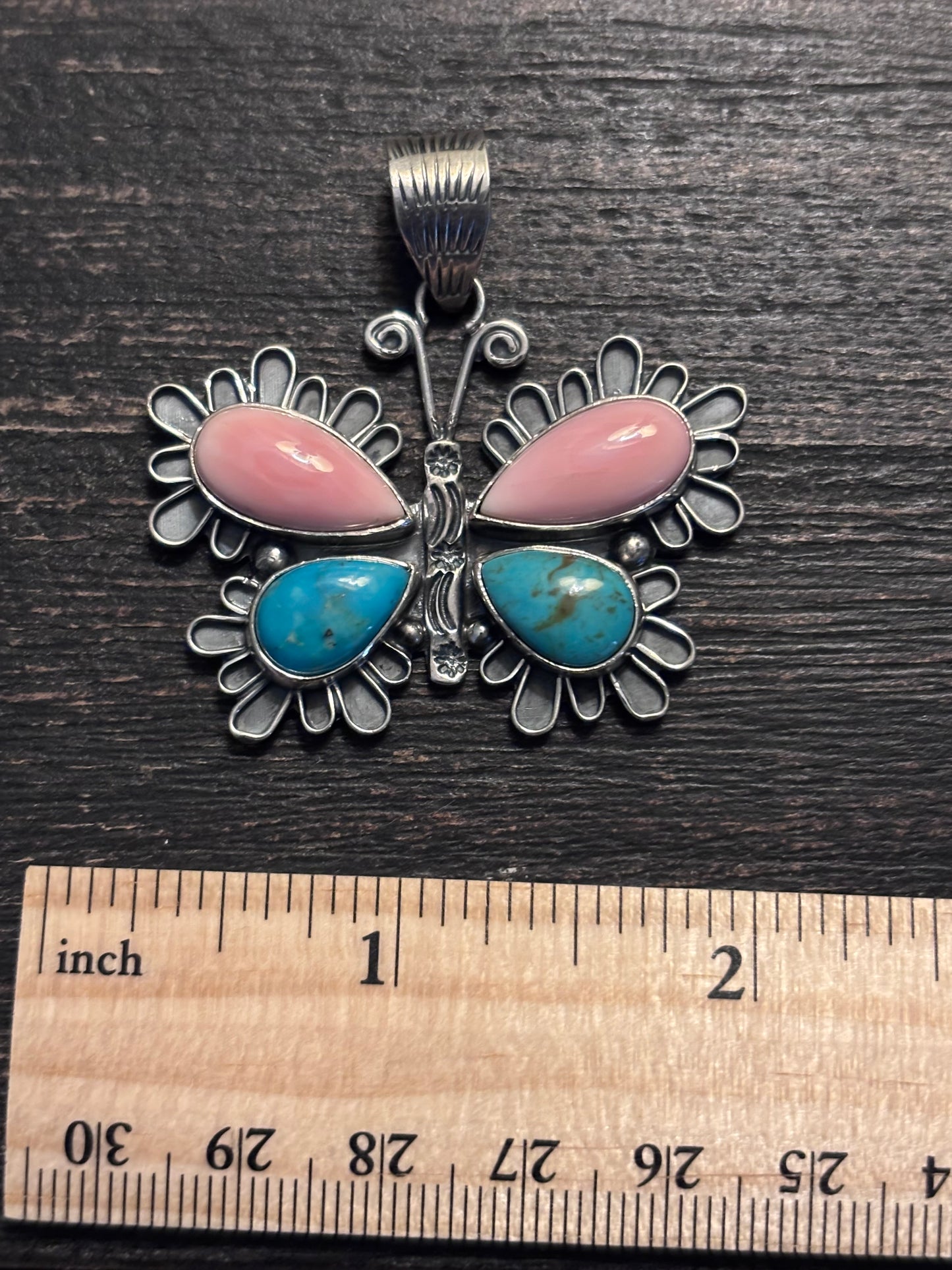 Pink Conch Turquoise Butterfly Pendant | 925 Sterling Silver A117