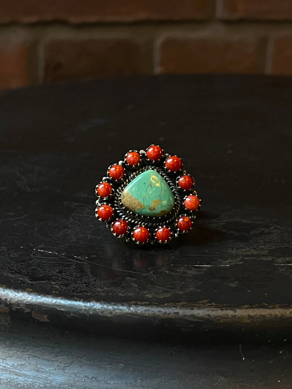 Kingman Turquoise Coral Cluster Ring | Sterling Silver | Size 8 | A209