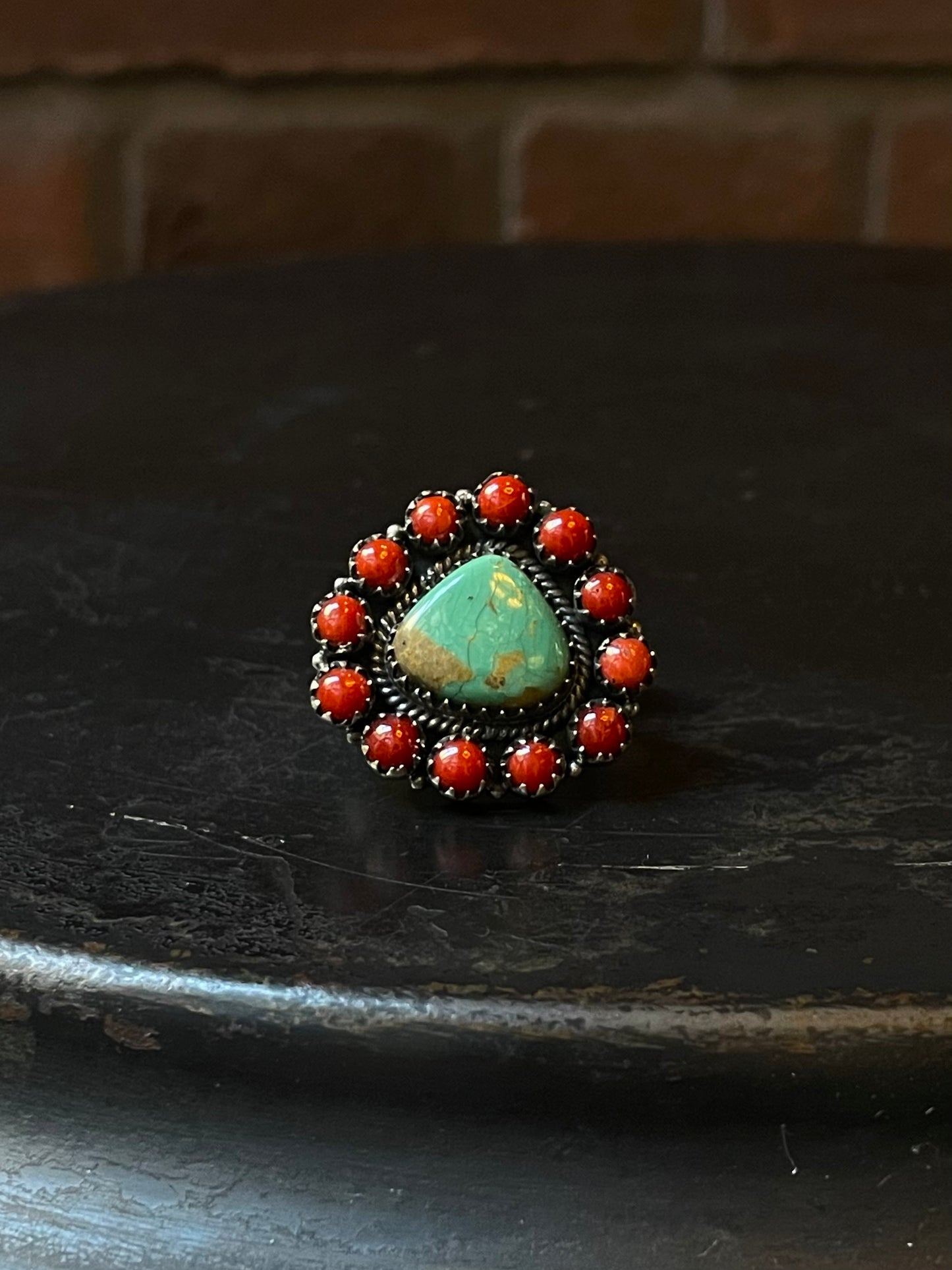 Kingman Turquoise Coral Cluster Ring | Sterling Silver | Size 8 | A209