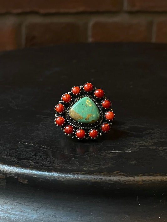 Kingman Turquoise Coral Cluster Ring | Sterling Silver | Size 8 | A209