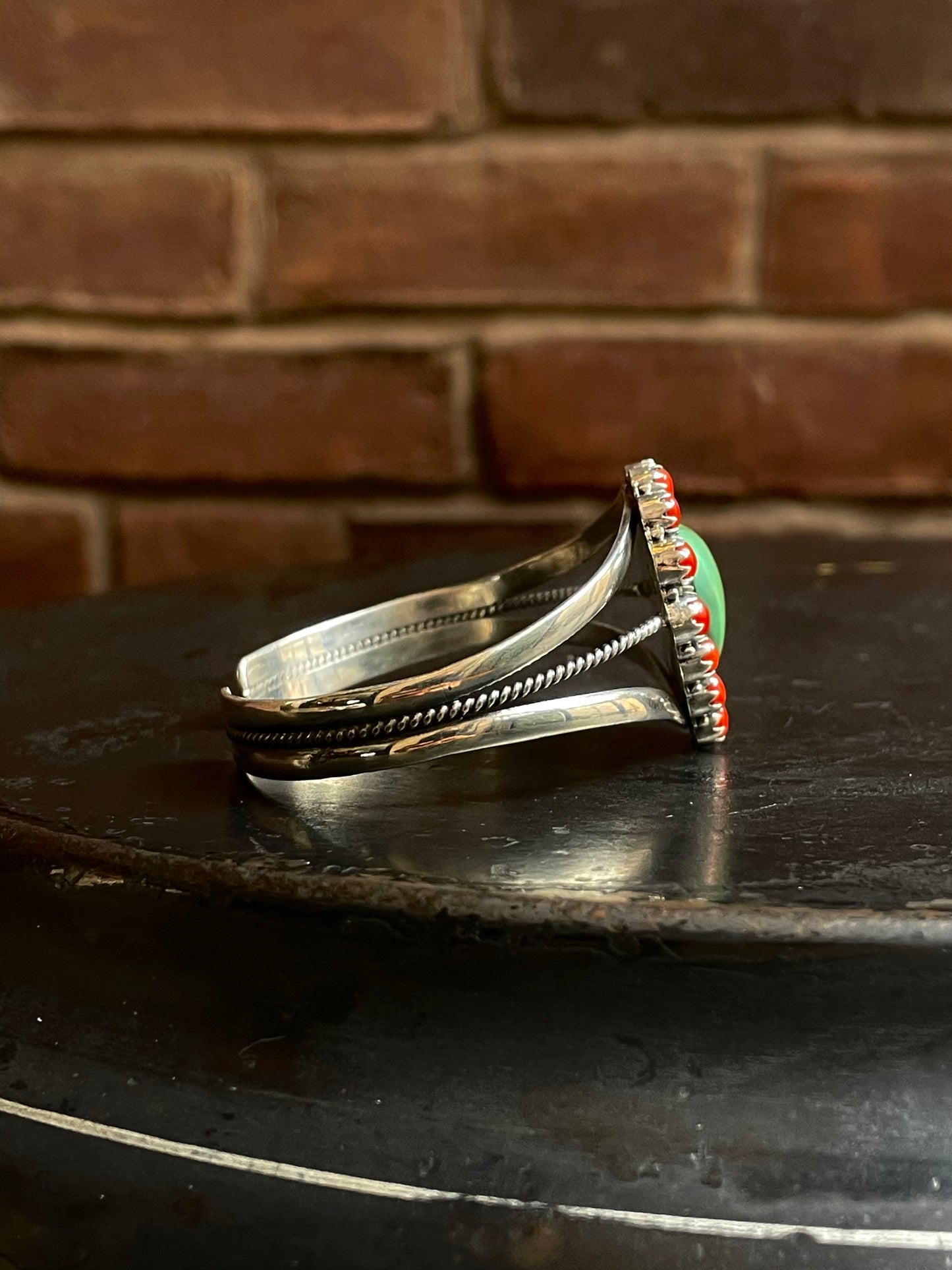 Kingman Turquoise & Coral Heart Cuff | Cluster Halo Design | 925 Silver E541