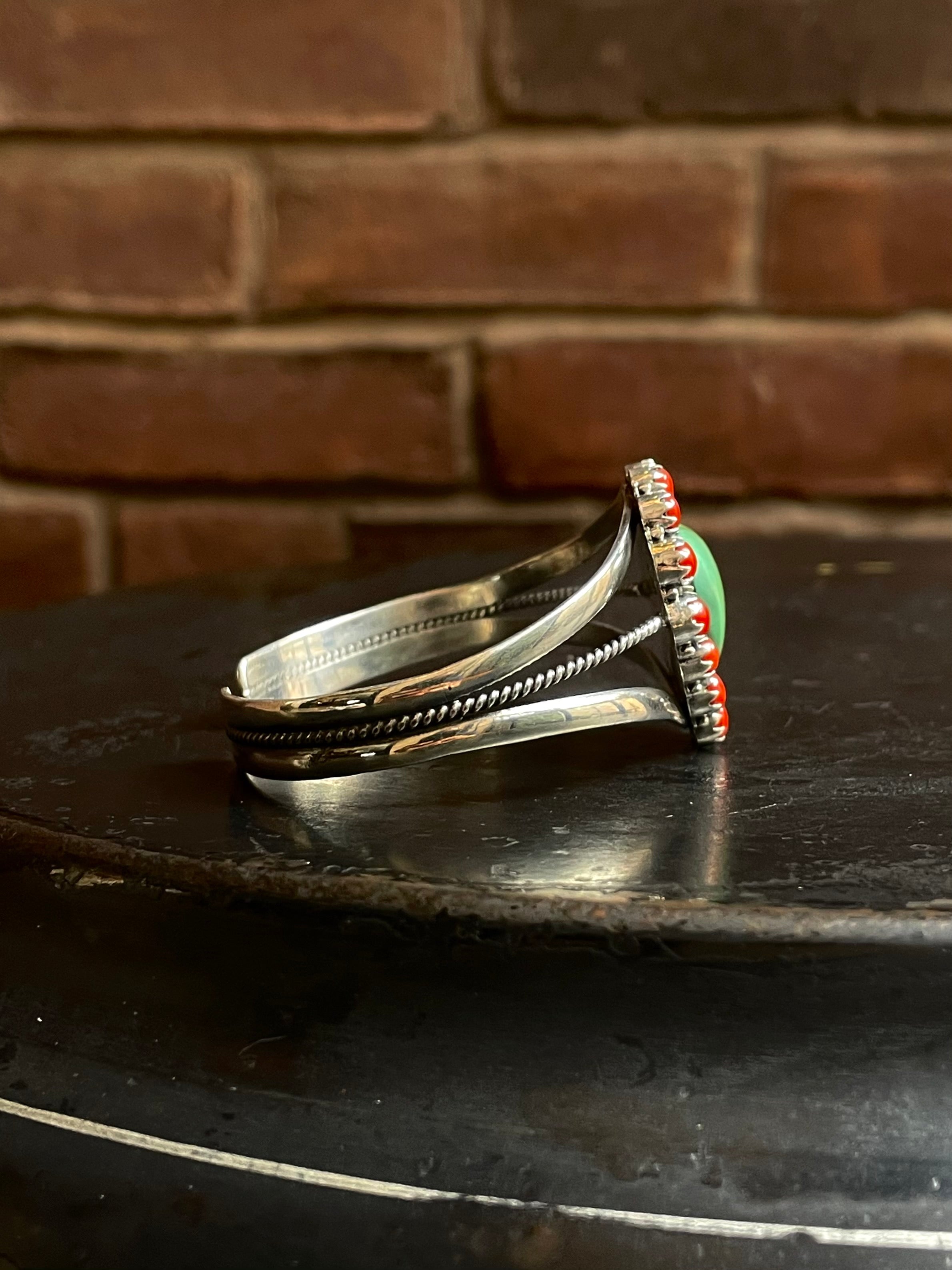 Kingman Turquoise & Coral Heart Cuff | Cluster Halo Design | 925 Silver E541