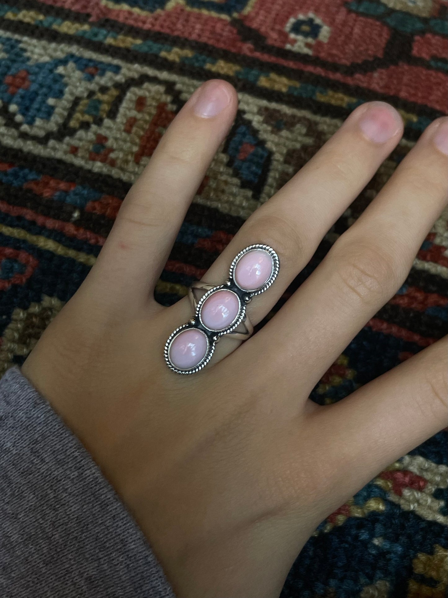 Pink Conch Triple Stone Ring | Sterling Silver 925 | Size 8 C606