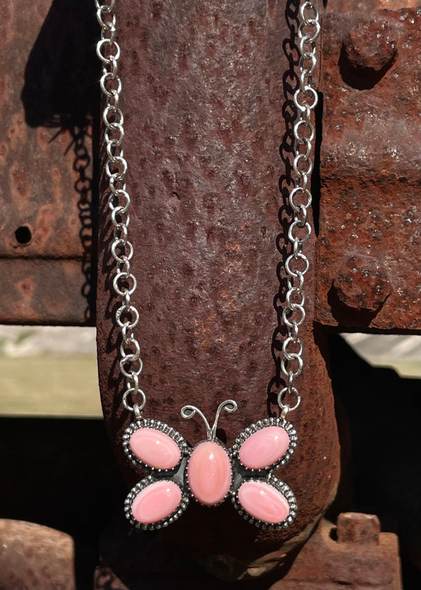 Pink Conch Butterfly Necklace | Cluster Pendant | 925 Silver E579