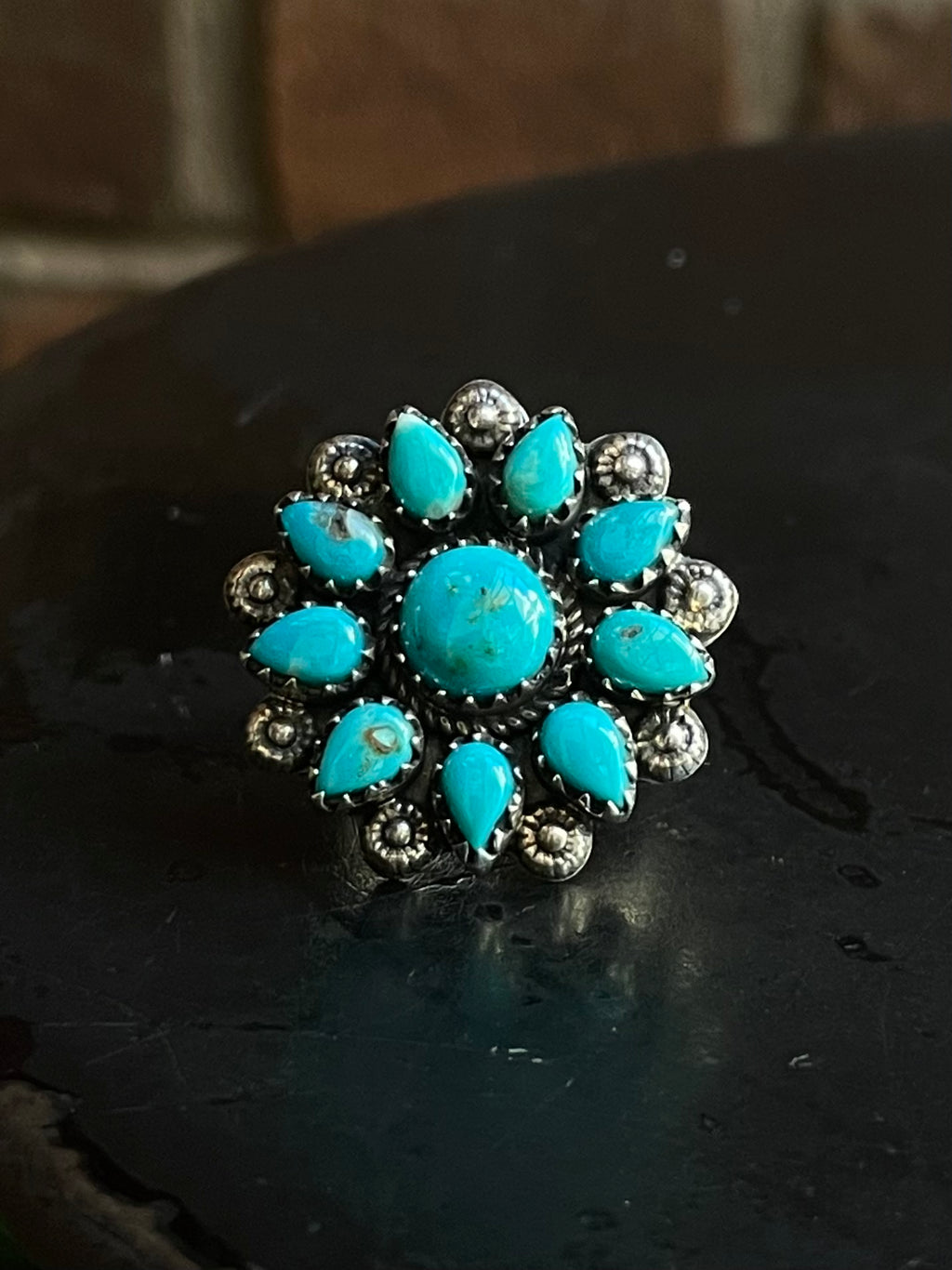 Kingman Turquoise Flower Cluster Ring Size 6.75 | 925 Sterling Silver G577