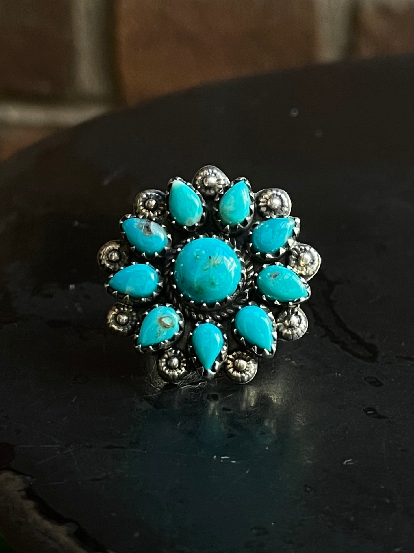 Kingman Turquoise Flower Cluster Ring Size 6.75 | 925 Sterling Silver G577