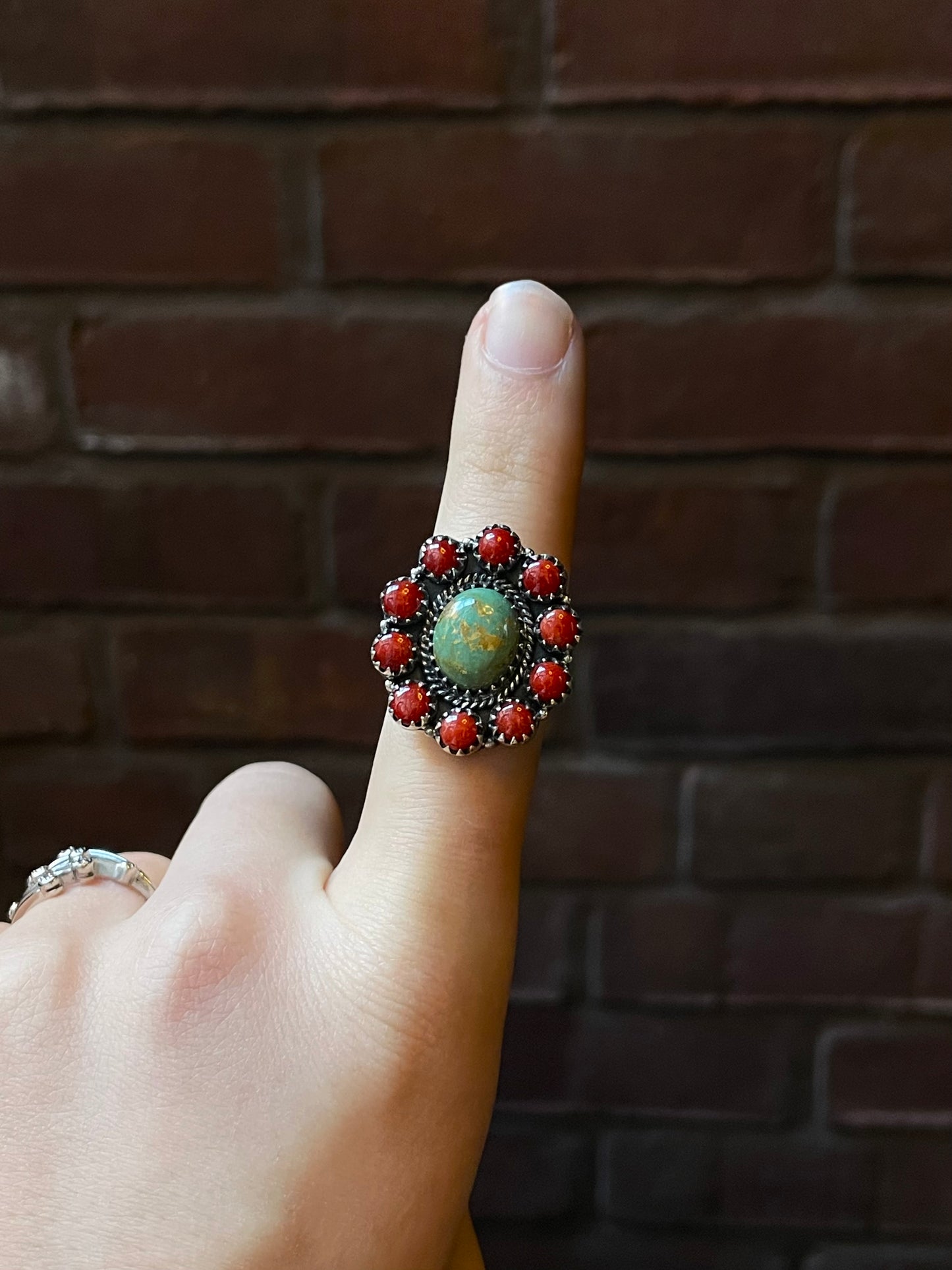 Kingman Turquoise Coral Cluster Ring | Sterling Silver | Size 9 | A201