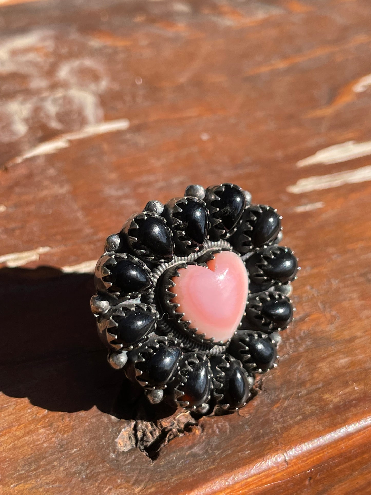 Pink Conch Heart Black Onyx Cluster Ring Size 7 | 925 Sterling Silver B997