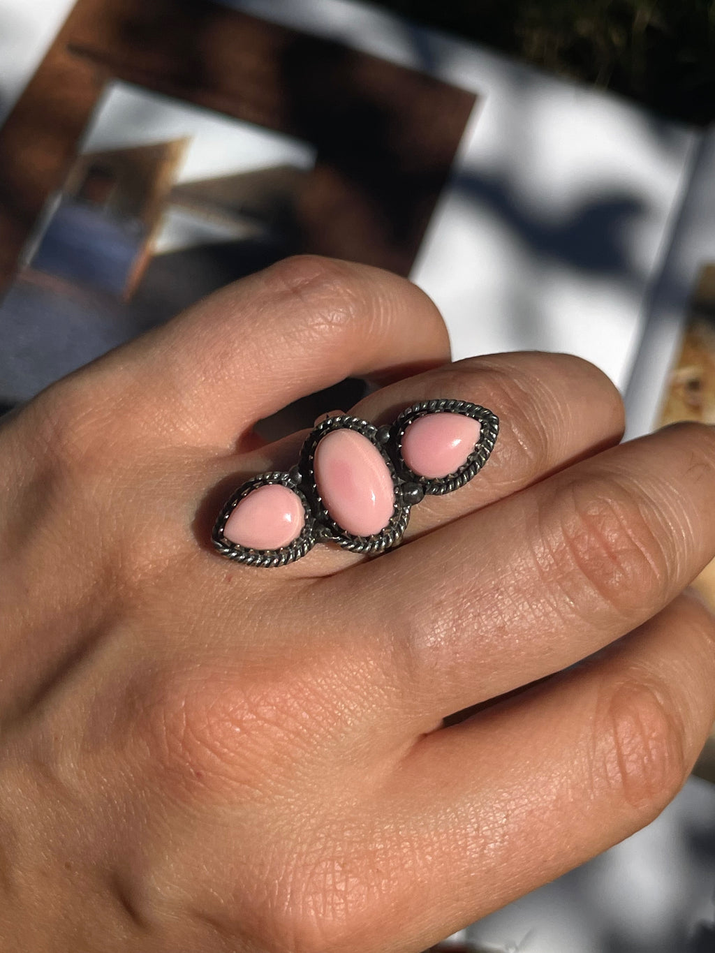 Pink Conch Triple Stone Ring | 925 Sterling Silver | Size 6 D366