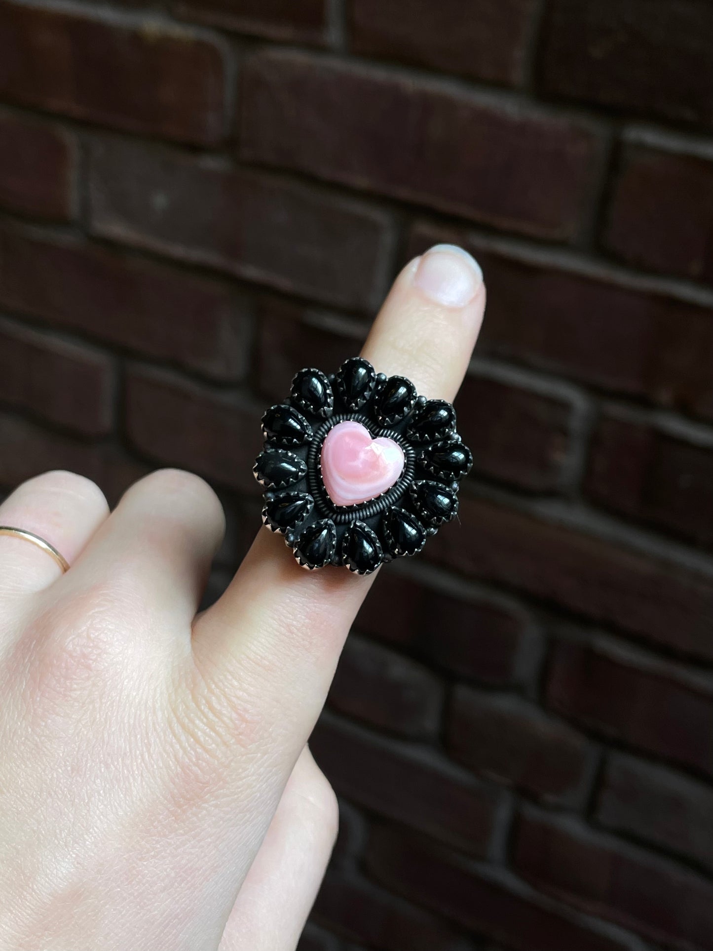 Pink Conch Heart Black Onyx Cluster Ring Size 9 | 925 Sterling Silver E110