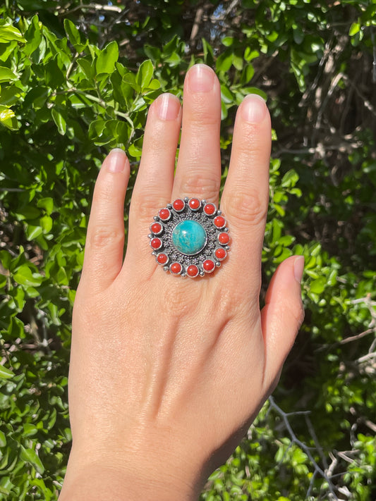 Turquoise & Coral Flower Ring Size 7 | 925 Sterling Silver B566