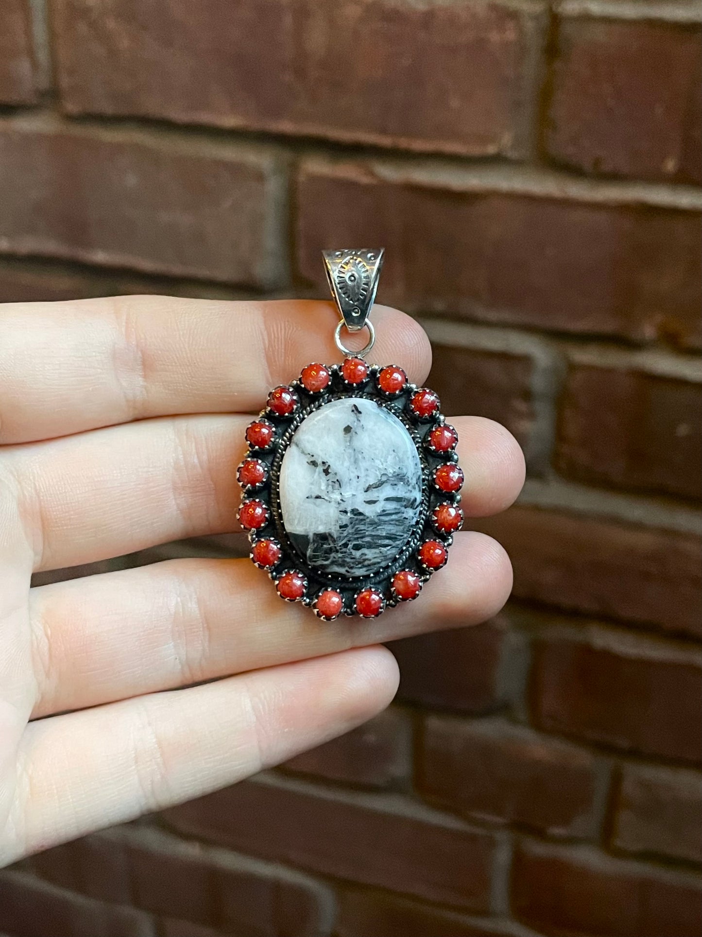 White Buffalo and Italian Coral Pendant | Sterling Silver 925 C765