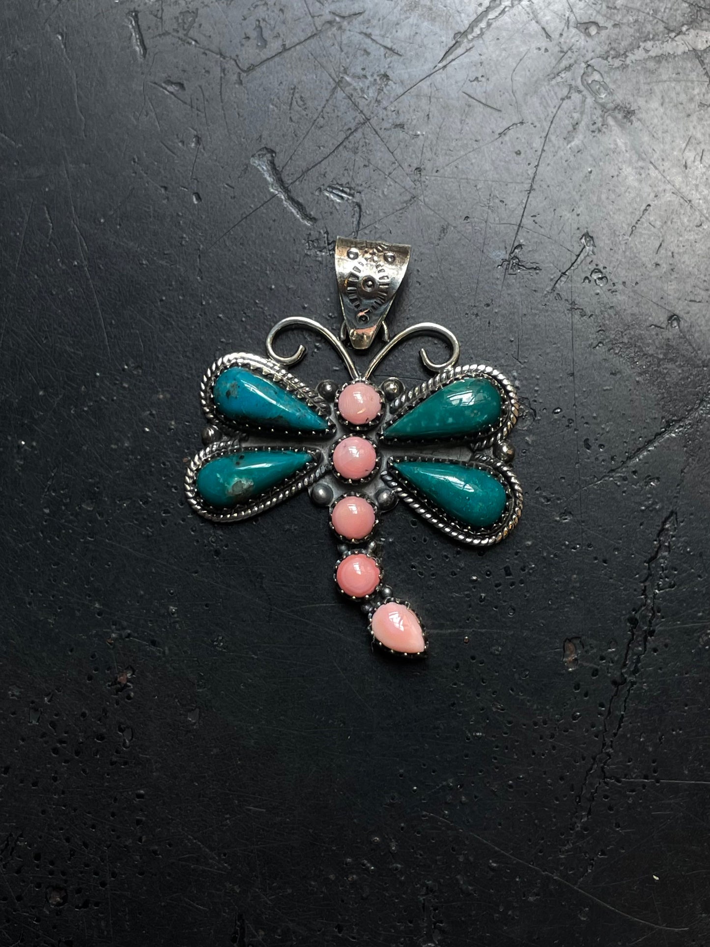 Turquoise & Pink Conch Dragonfly Pendant | 925 Sterling Silver E219