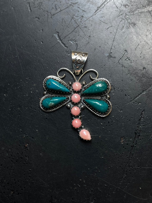 Turquoise & Pink Conch Dragonfly Pendant | 925 Sterling Silver E219