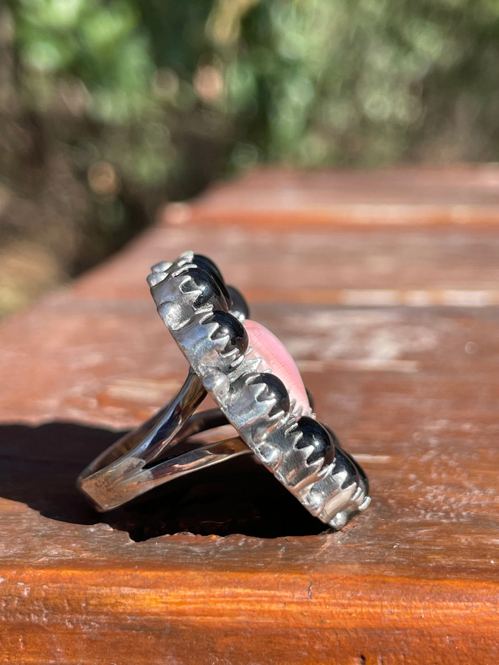Pink Conch Heart Black Onyx Cluster Ring Size 7 | 925 Sterling Silver B997