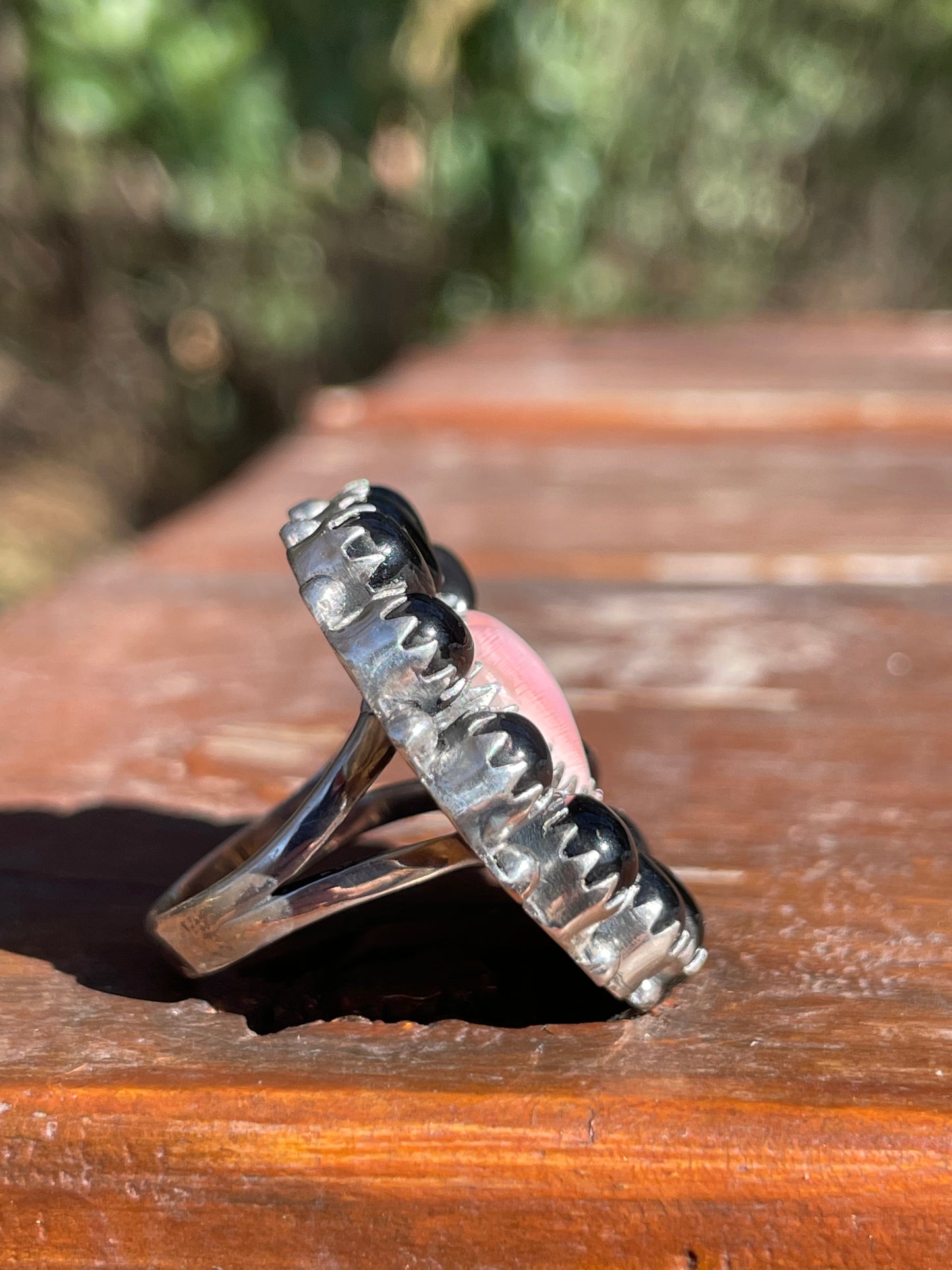 Pink Conch Heart Black Onyx Cluster Ring Size 7 | 925 Sterling Silver B997