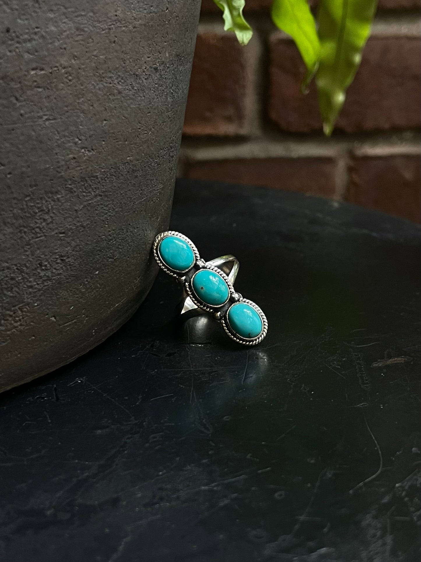 Turquoise Triple Stone Ring | Sterling Silver 925 Size 8.75 C703