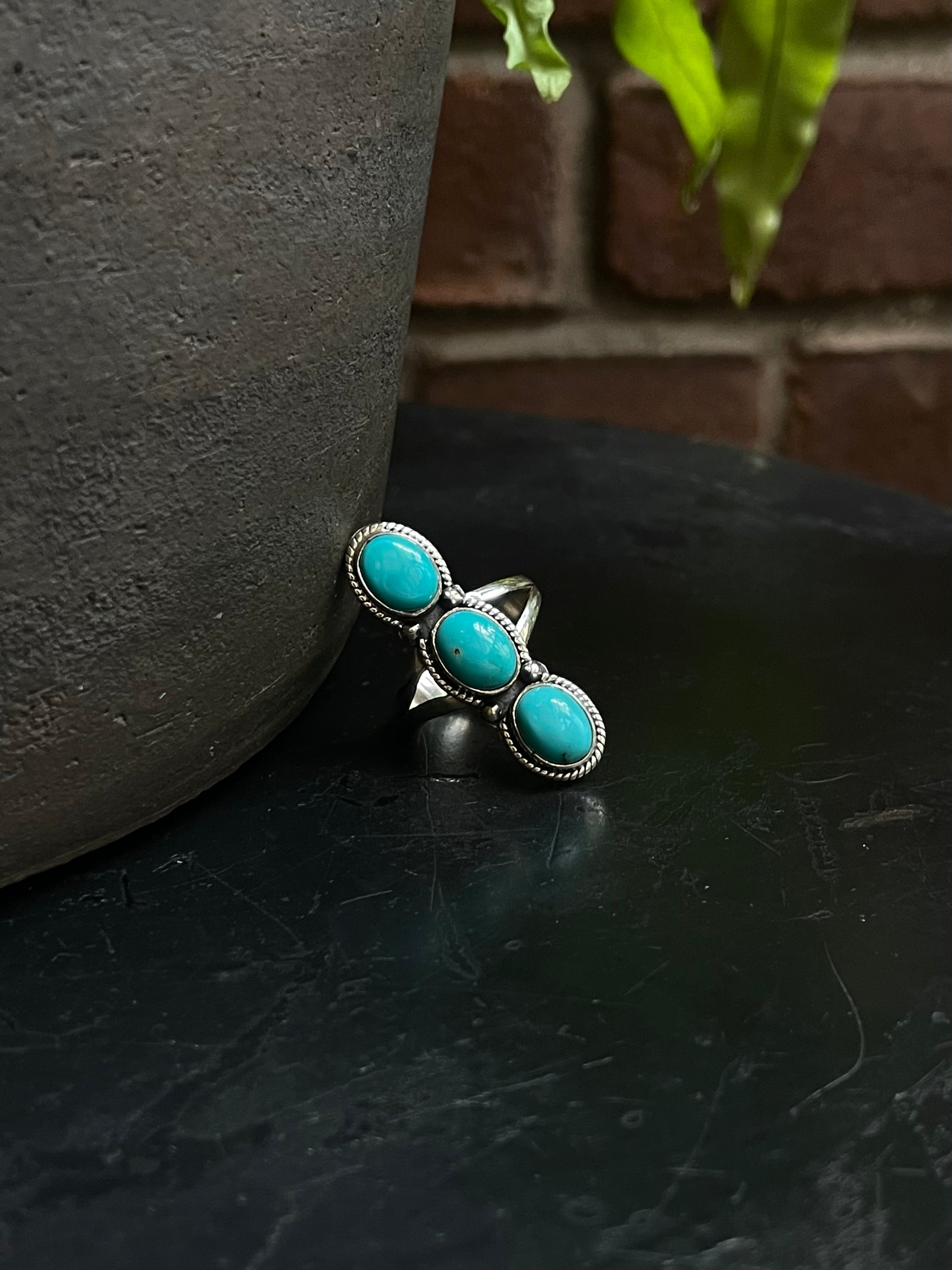 Turquoise Triple Stone Ring | Sterling Silver 925 Size 8.75 C703