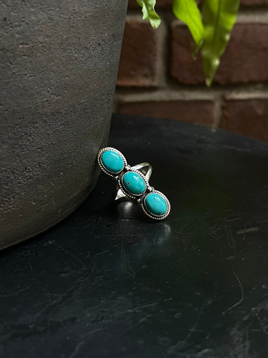 Turquoise Triple Stone Ring | Sterling Silver 925 Size 8.75 C703