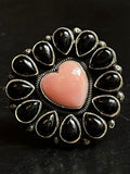 Pink Conch Heart & Black Onyx Cluster Ring | Sterling Silver | Size 6 G340