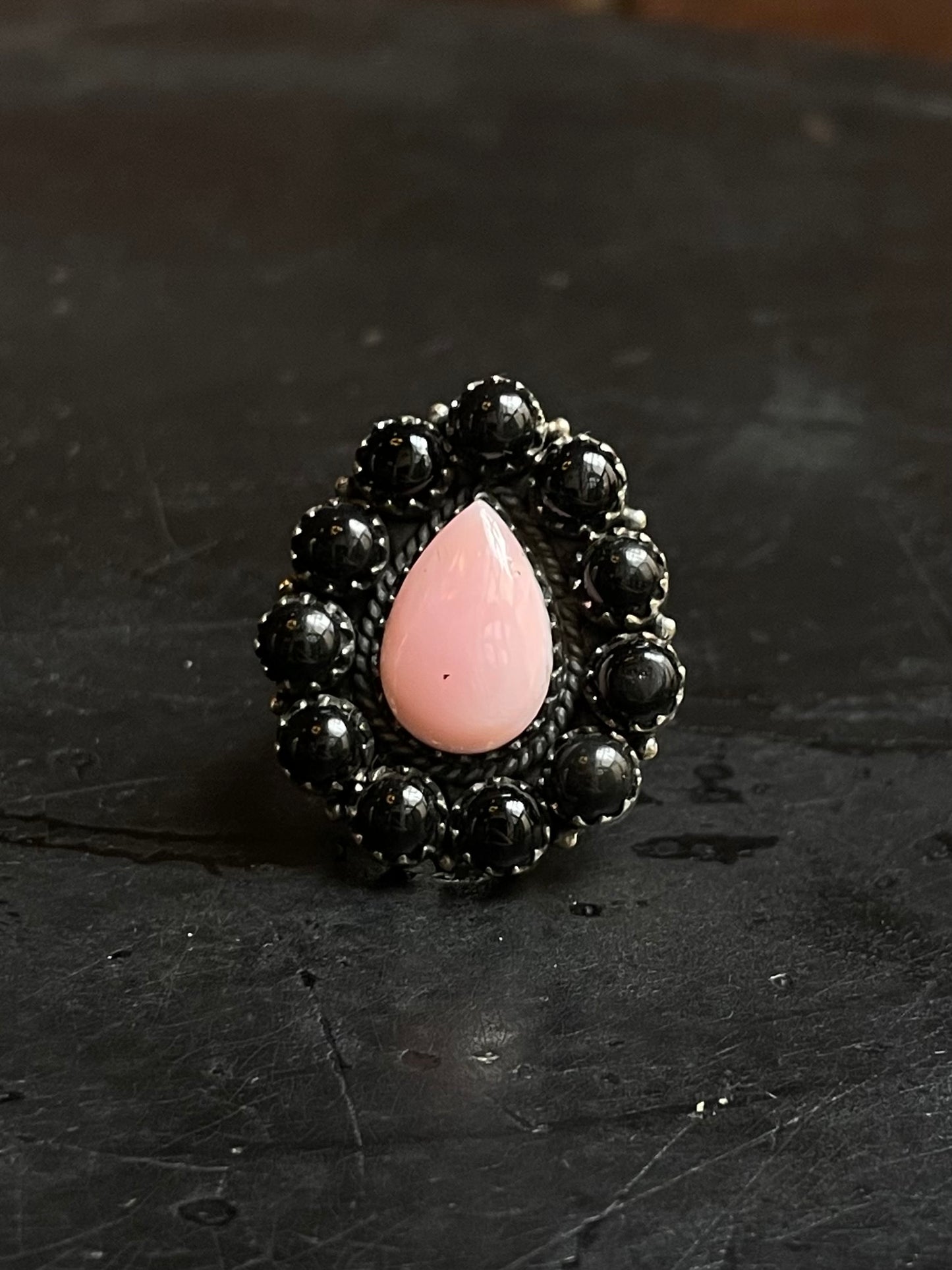 Pink Conch Black Onyx Cluster Ring Size 6.5 | 925 Sterling Silver E161