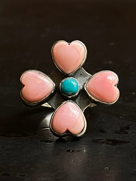 Pink Conch & Turquoise Heart Ring Size 7 | 925 Sterling Silver E996