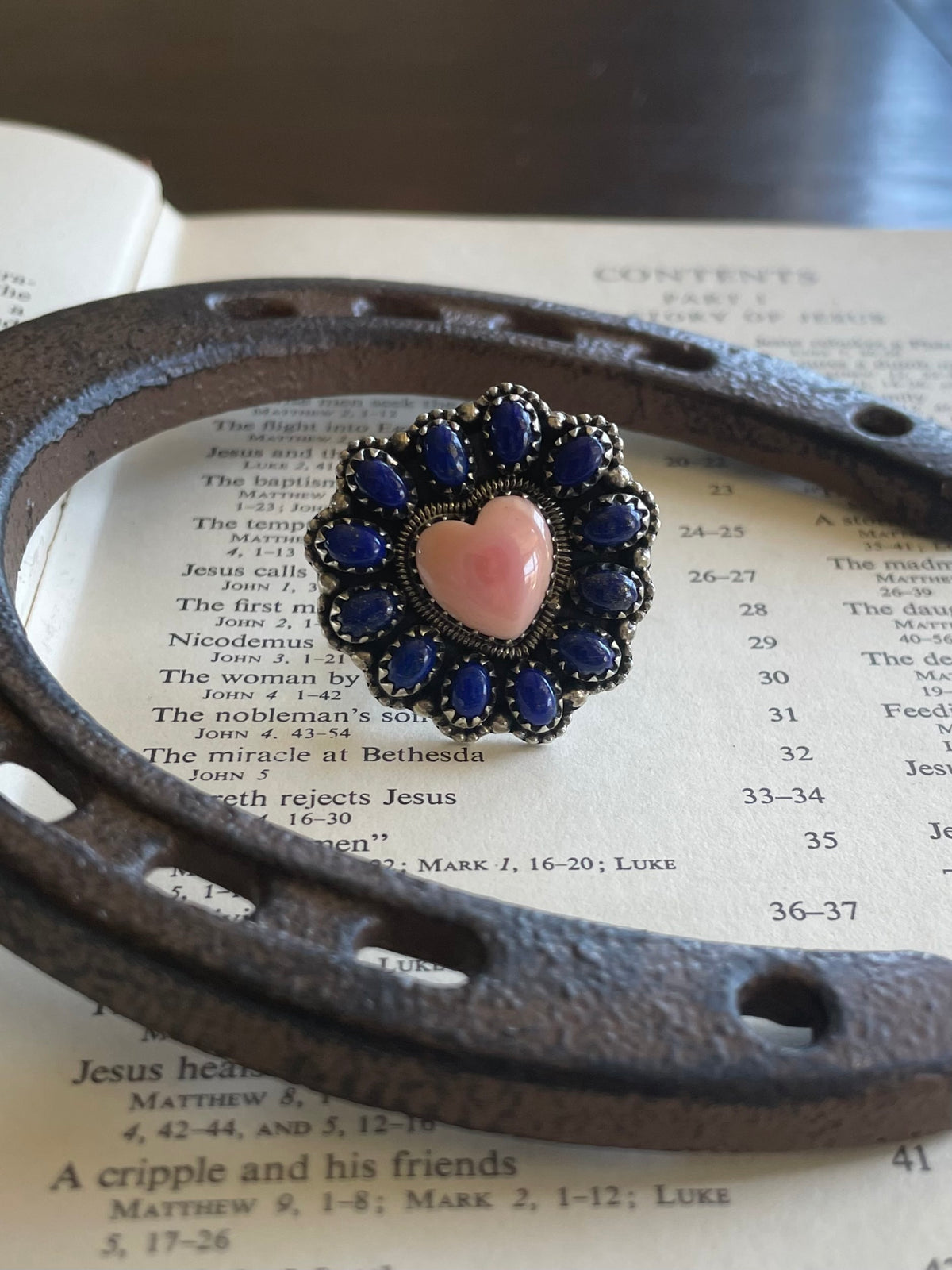 Pink Conch & Lapis Heart Ring Size 6 | 925 Sterling Silver G731