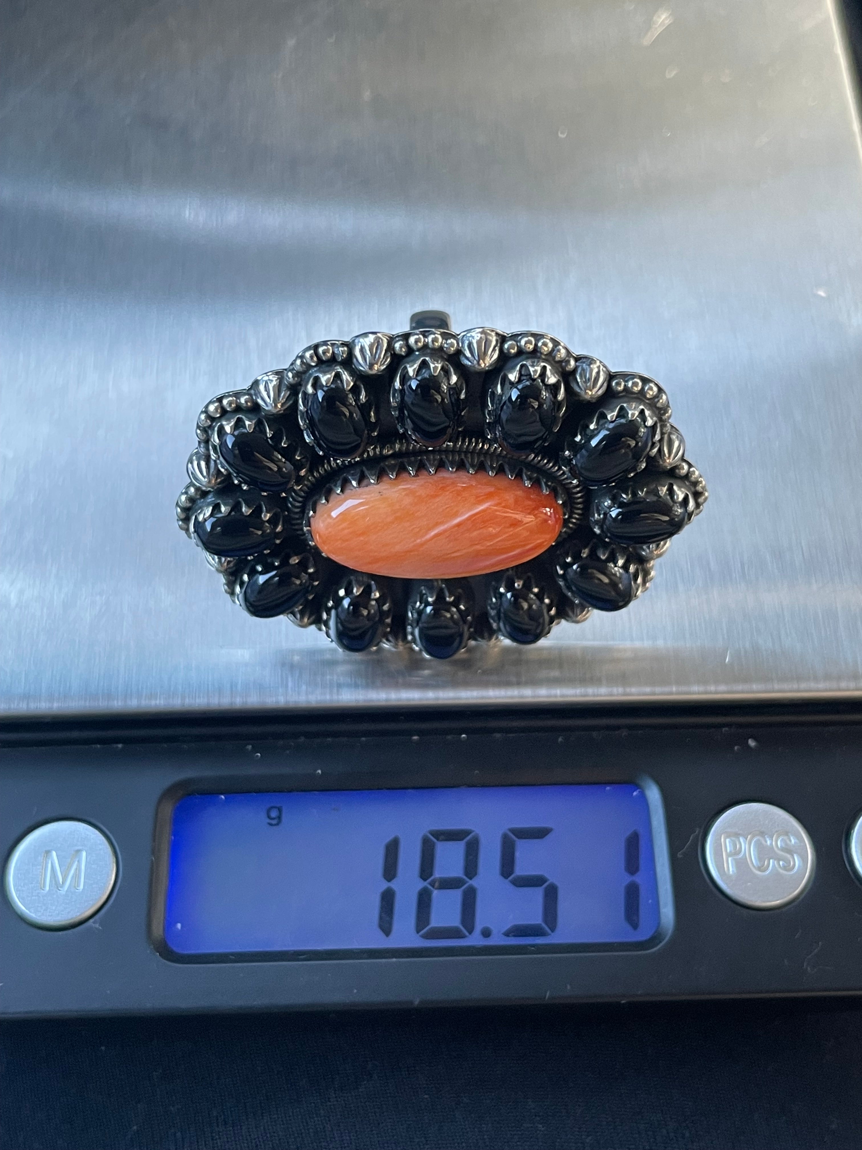 Spiny Oyster Black Onyx Cluster Ring Size 8 | 925 Sterling Silver B996