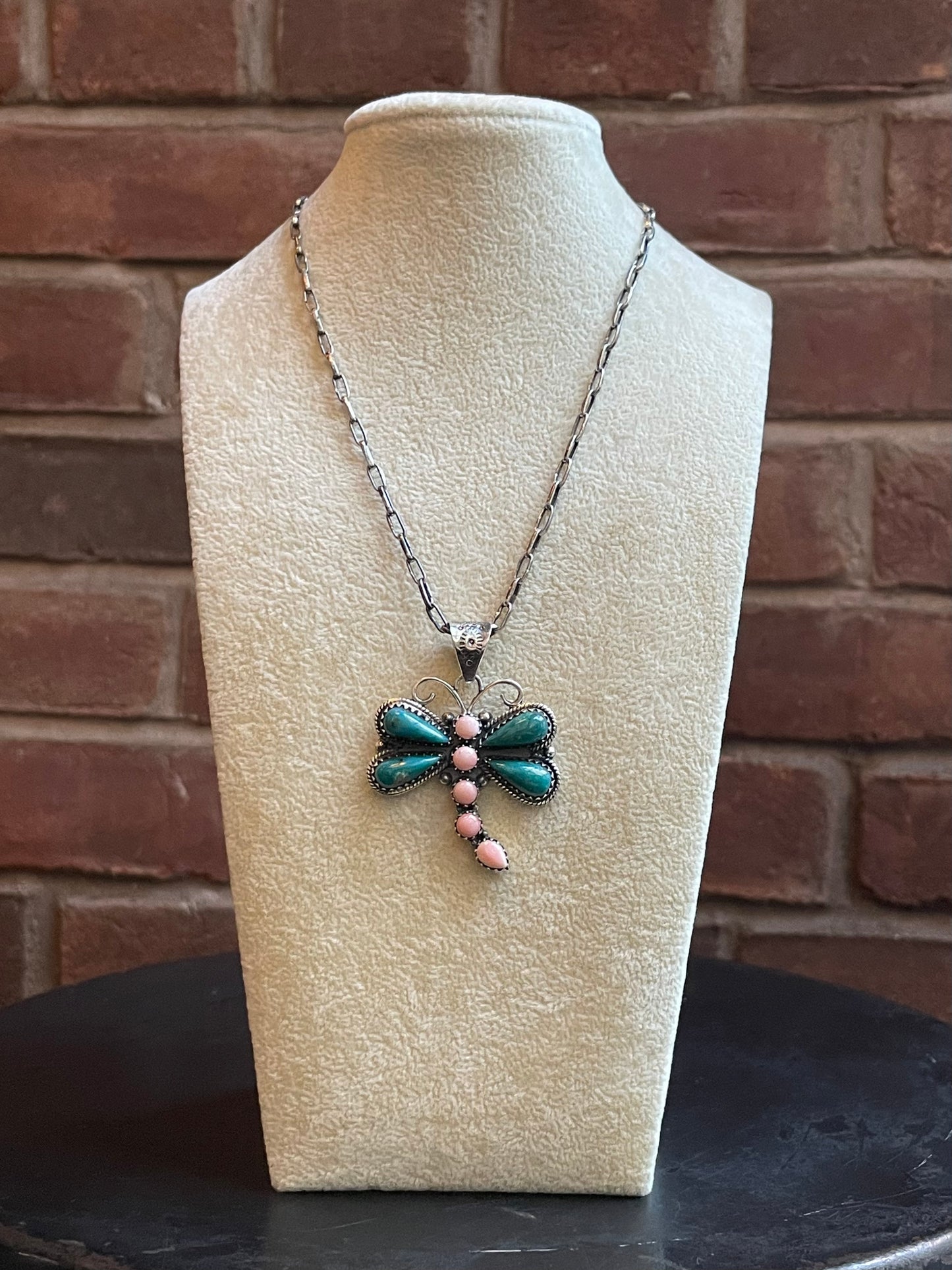 Turquoise & Pink Conch Dragonfly Pendant | 925 Sterling Silver E219