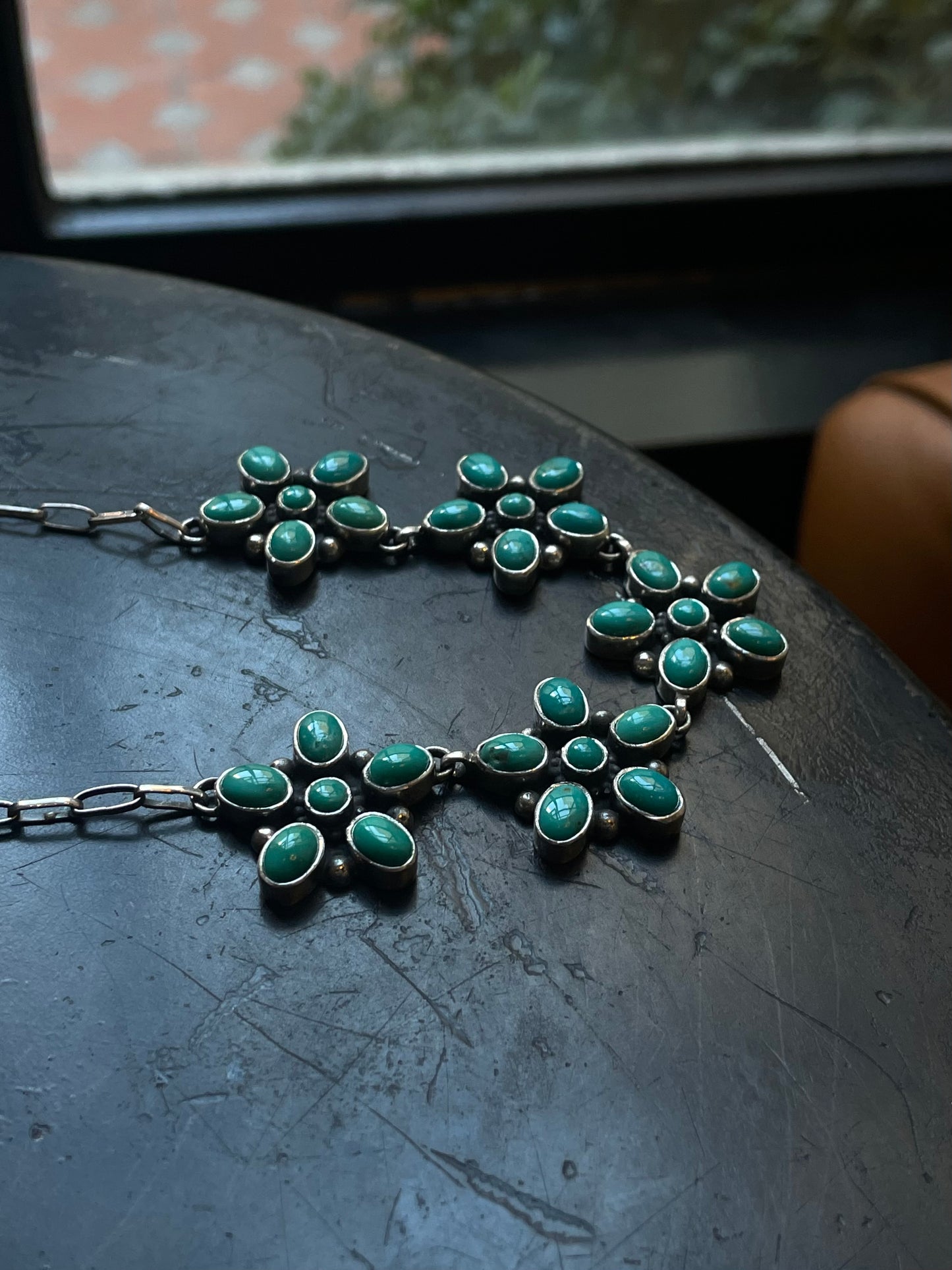 Kingman Turquoise Flower Cluster Necklace | 925 Sterling Silver E633