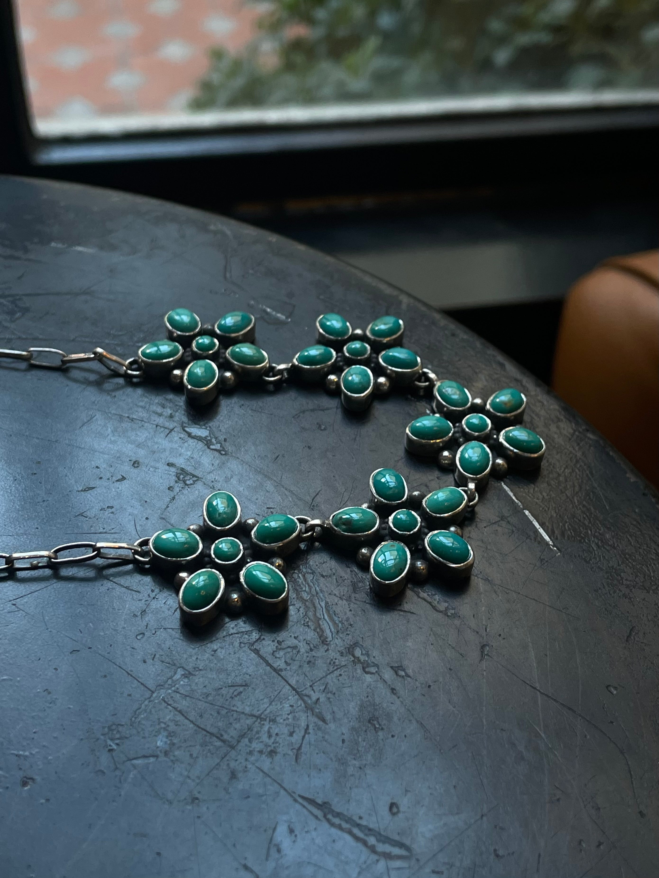 Kingman Turquoise Flower Cluster Necklace | 925 Sterling Silver E633