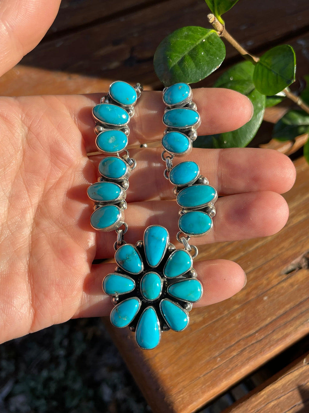 Kingman Turquoise Flower Necklace | Sterling Silver 925 Cluster |B889