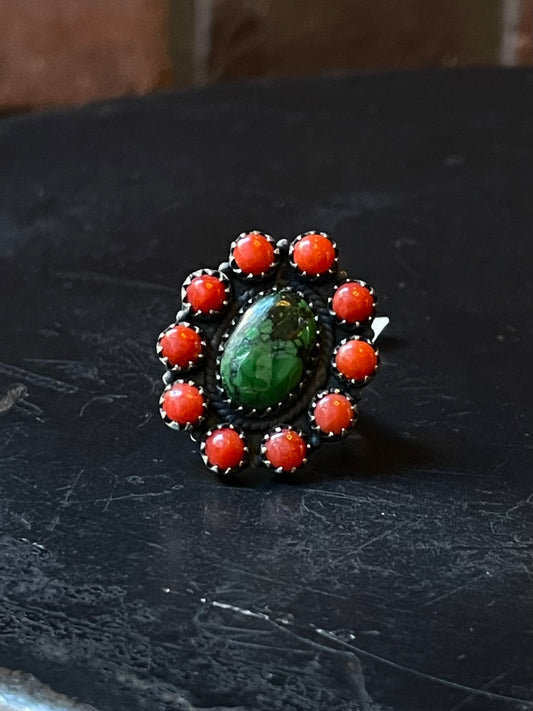 Kingman Turquoise Coral Cluster Ring | Sterling Silver | Size 9 | A183