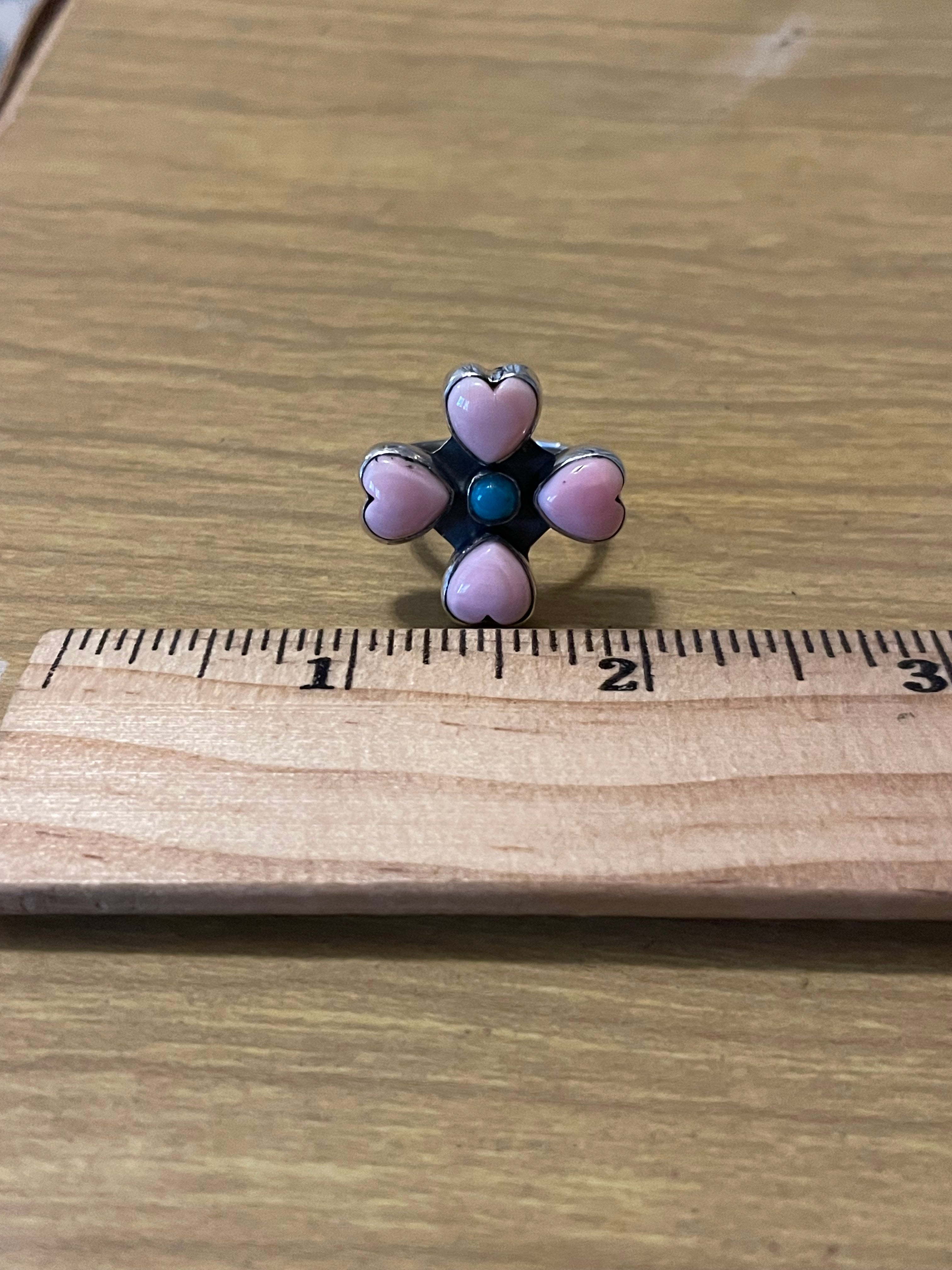 Pink Conch & Turquoise Heart Ring Size 7 | 925 Sterling Silver E996