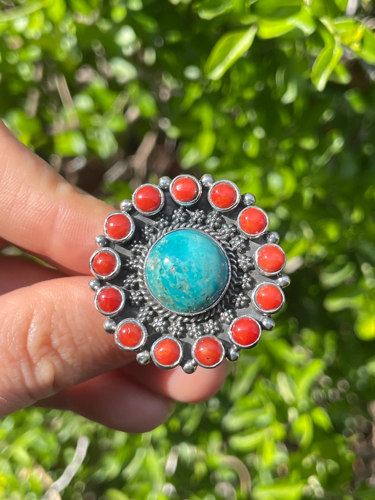 Turquoise & Coral Flower Ring Size 7 | 925 Sterling Silver B566