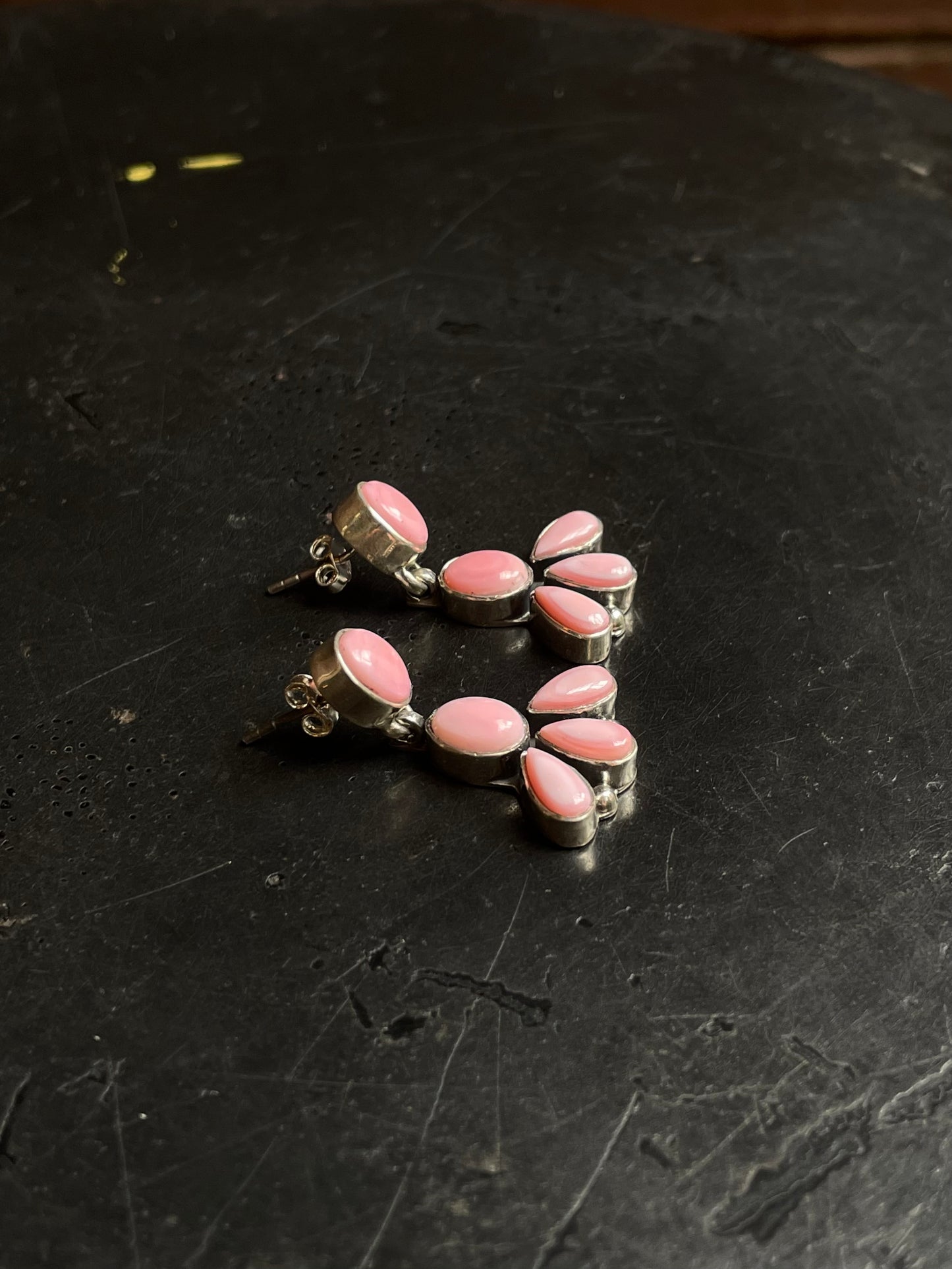Pink Conch Drop Stud Earrings | Multi Stone Cluster Sterling Silver E673