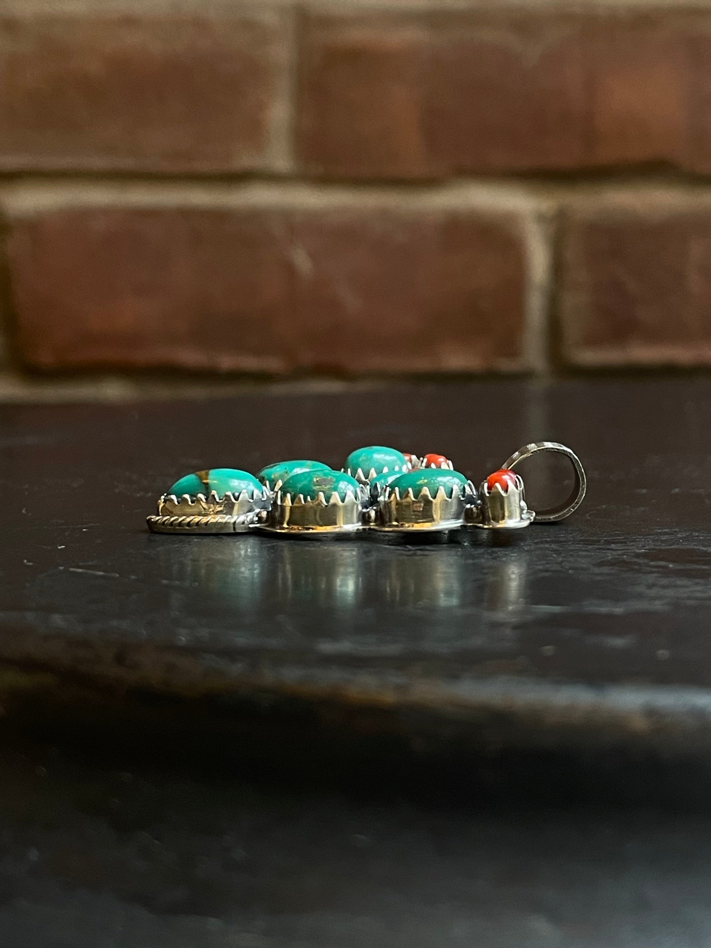 Kingman Turquoise Coral Cactus Pendant | Sterling Silver E928