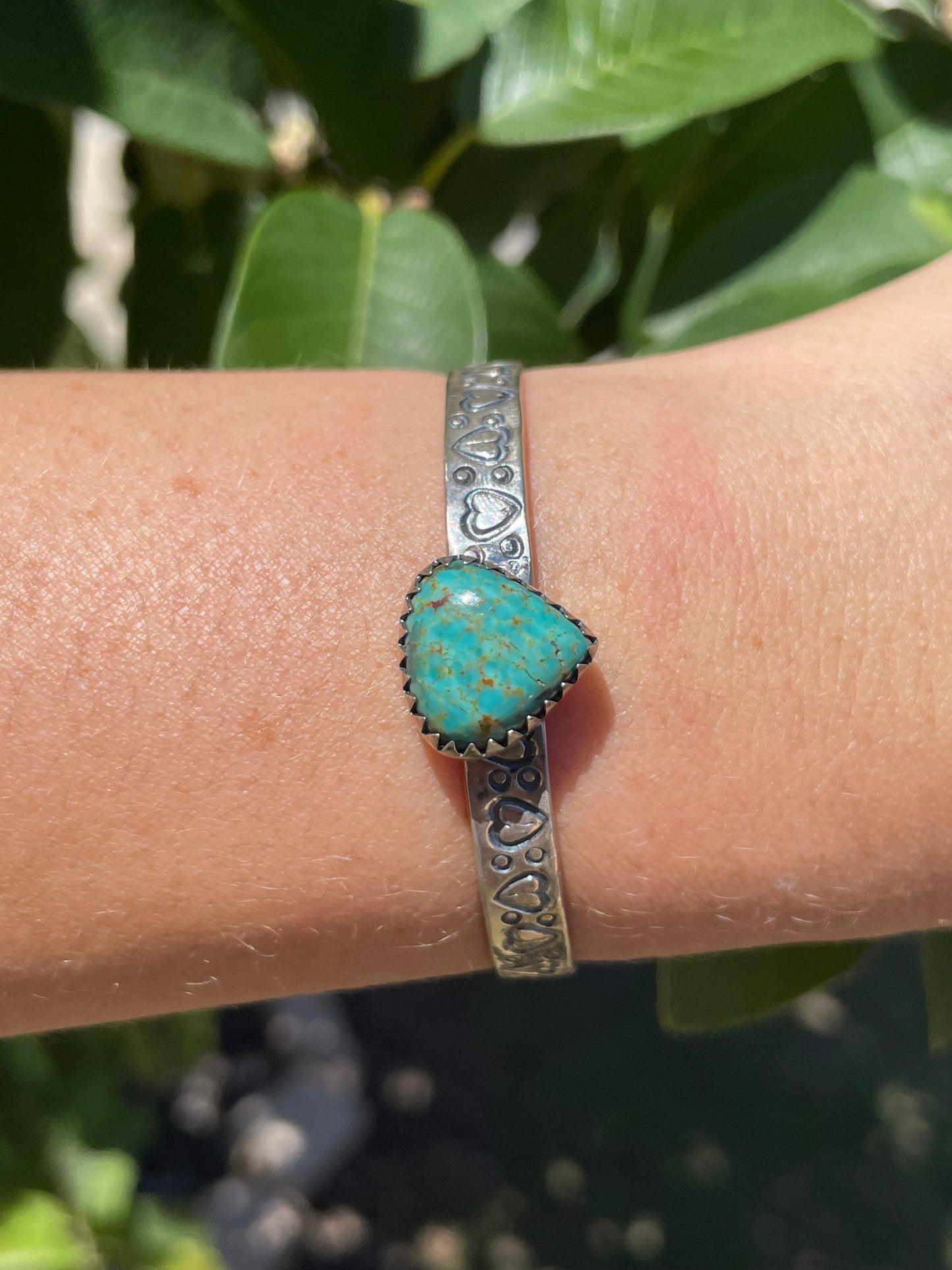Kingman Turquoise Heart Stamped Cuff Bracelet | Sterling Silver D144