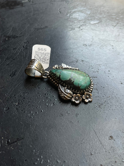 Kingman Turquoise Butterfly and Leaf Pendant | Sterling Silver | A679