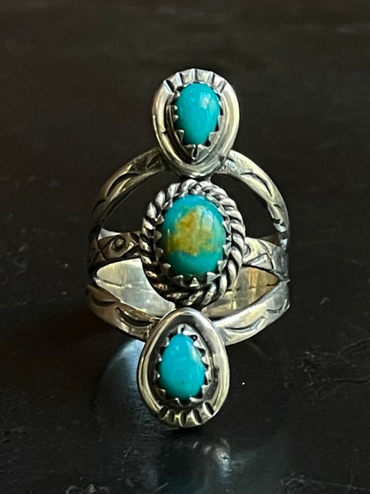 Kingman Turquoise Triple Stone Ring | Sterling Silver | Size 7.25  G387
