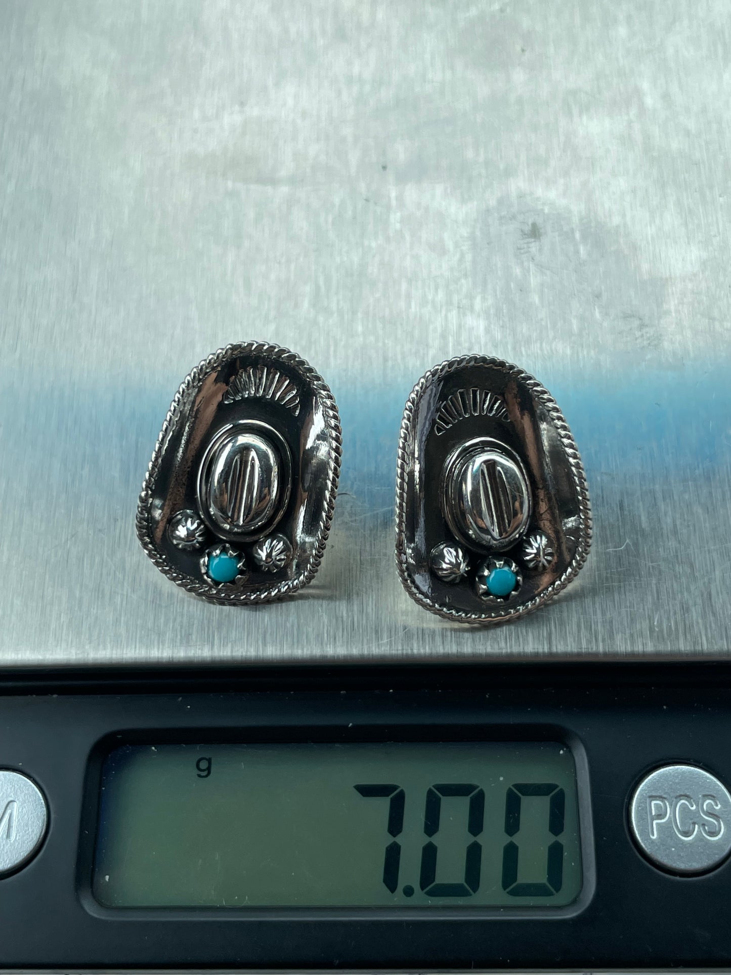 Kingman Turquoise Cowboy Hat Stud Earrings | Sterling Silver B975