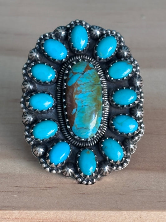 Kingman Turquoise Cluster Ring Size 6 | 925 Sterling Silver