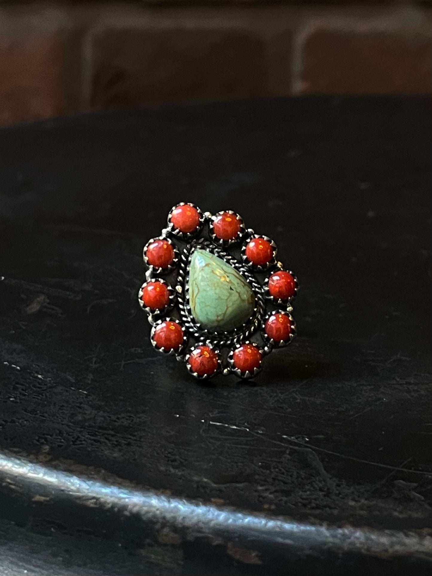 Kingman Turquoise Coral Cluster Ring | Sterling Silver | Size 8 | A169