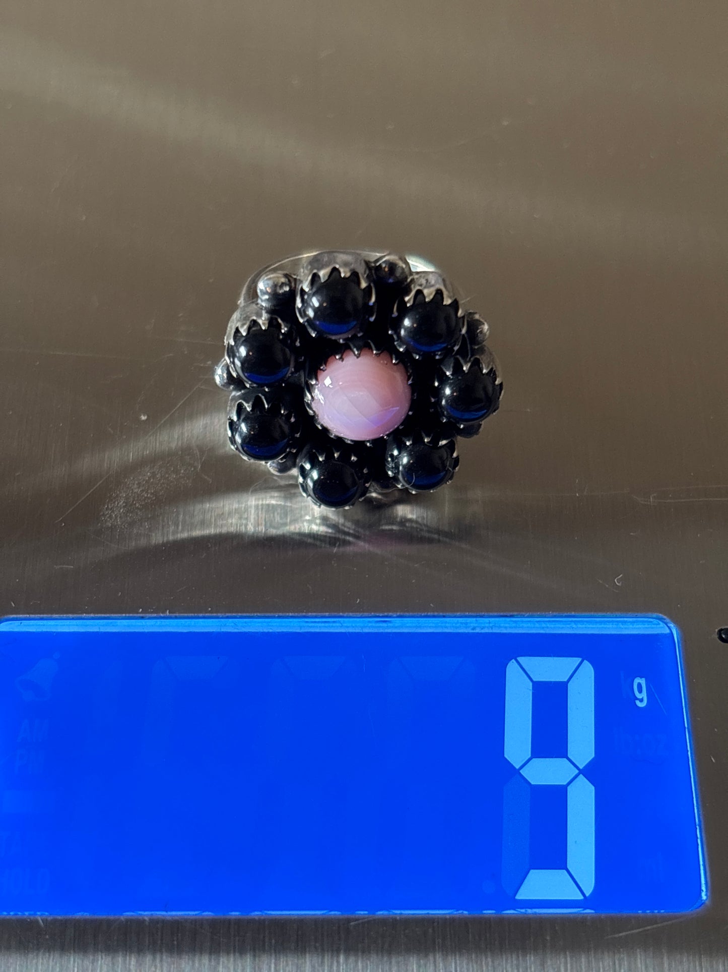 Black Onyx Pink Conch Flower Ring | Sterling Silver Size 6.75 925 C699