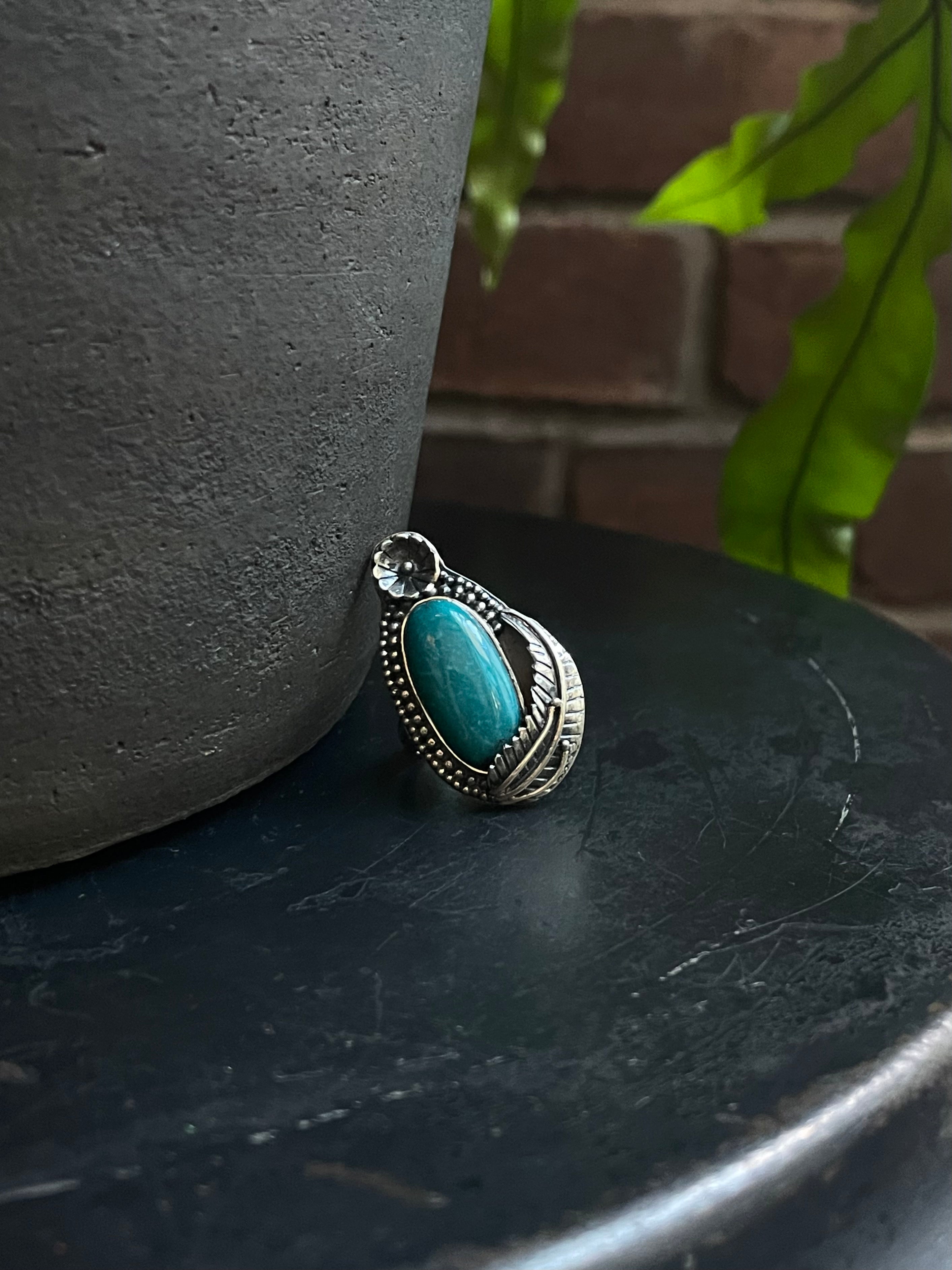 Kingman Turquoise Floral Ring Size 7 | 925 Sterling Silver C576