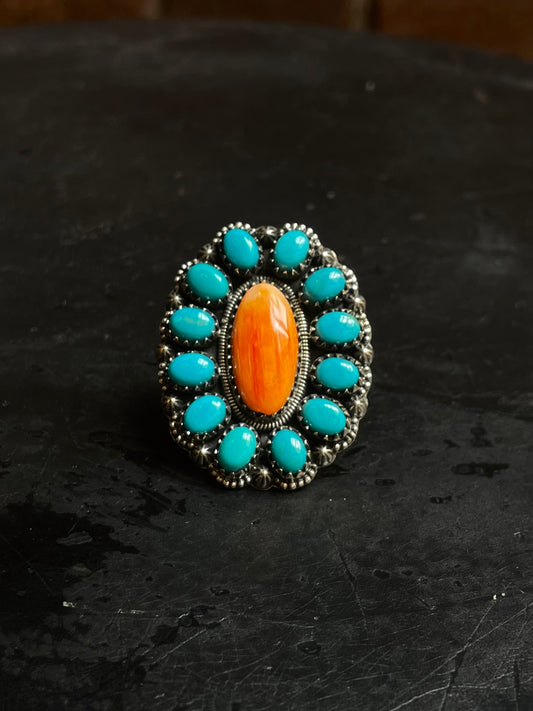 Spiny Oyster Kingman Turquoise Cluster Ring Size 8 | 925 Sterling Silver E112