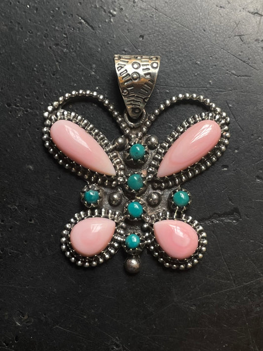 Pink Conch Turquoise Butterfly Pendant | Sterling Silver E723