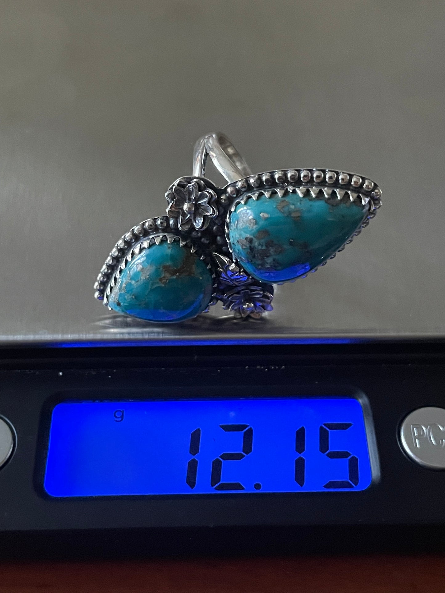 Turquoise Double Stone Floral Design Ring | Sterling Silver 925 | Size 7 B392