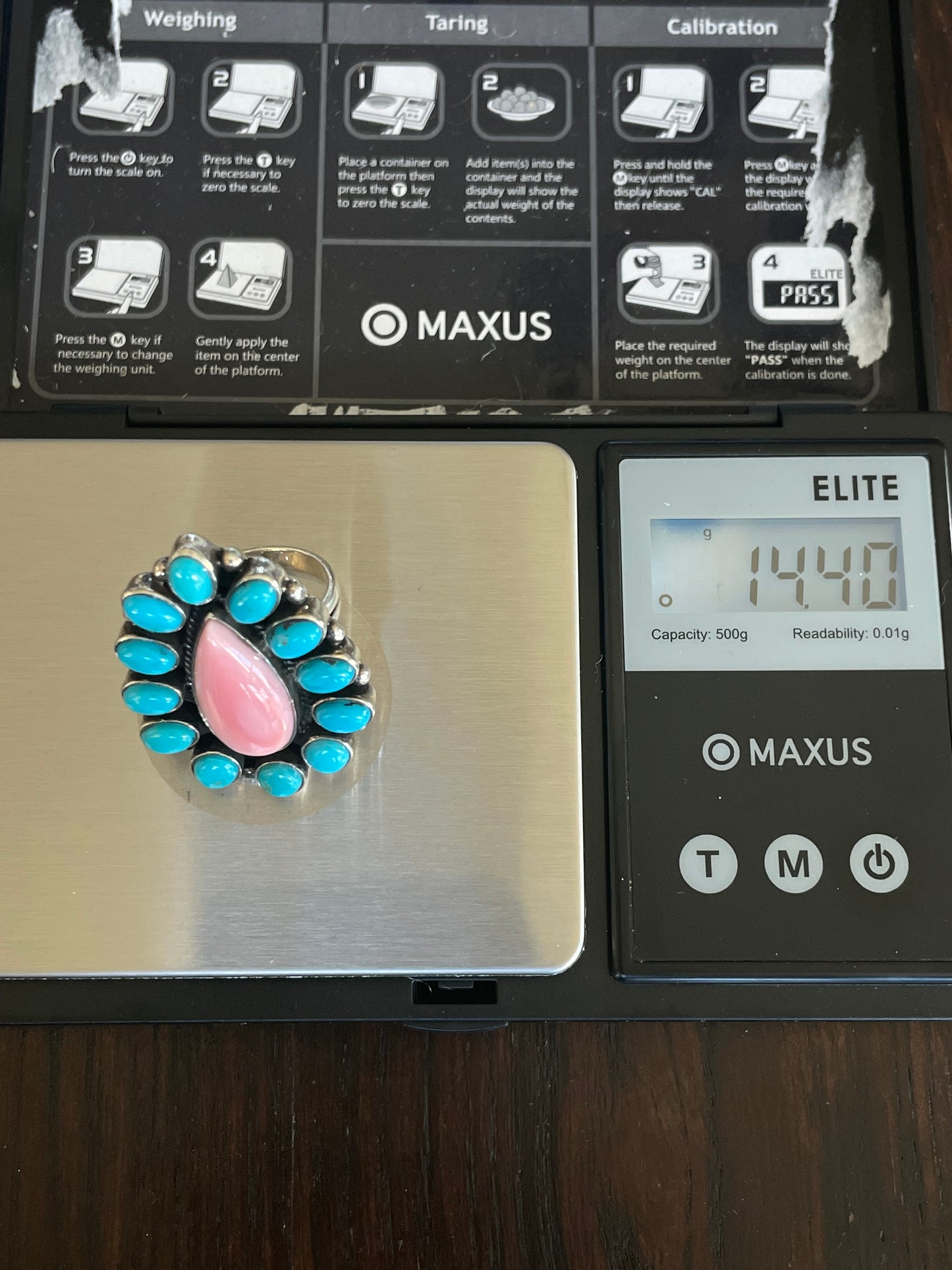 Pink Conch Kingman Turquoise Cluster Ring Size 8 | Sterling Silver E764